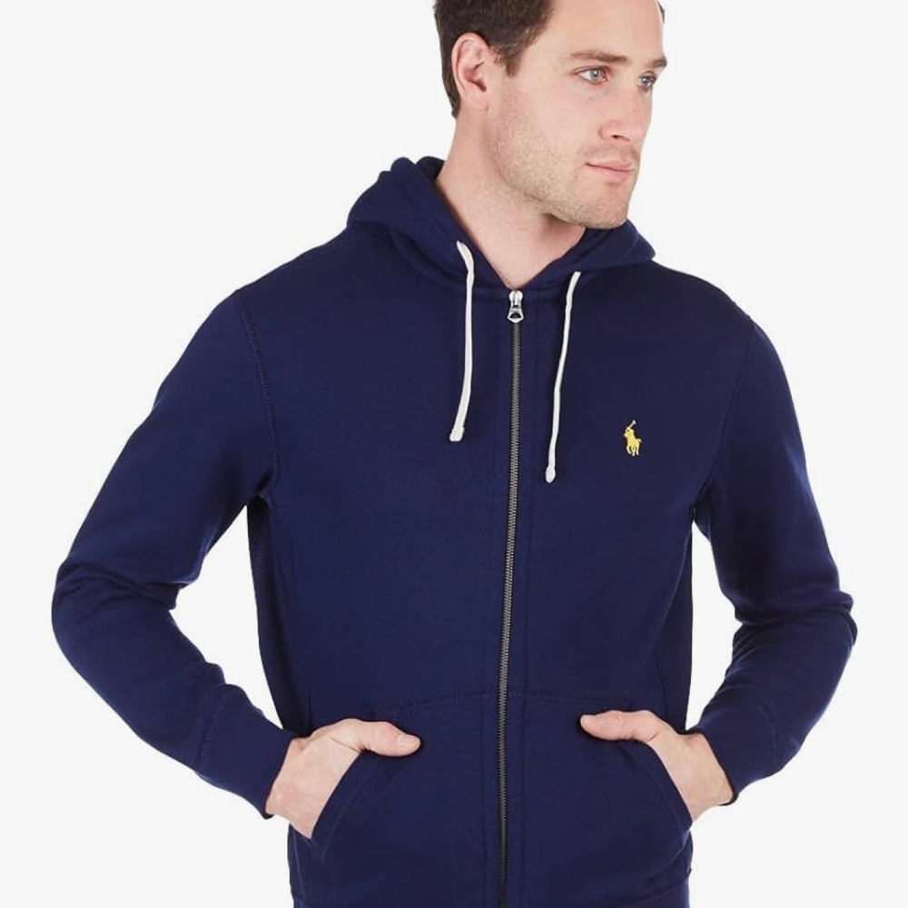 Polo Ralph Lauren Men's M Full Zip Hooded Sweatshirt Navy Blue With Yellow Pony